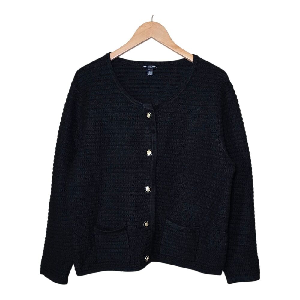 Hilary Radley Womens XL Knit Cardigan Sweater Black Gold Button Pocket New Flaw